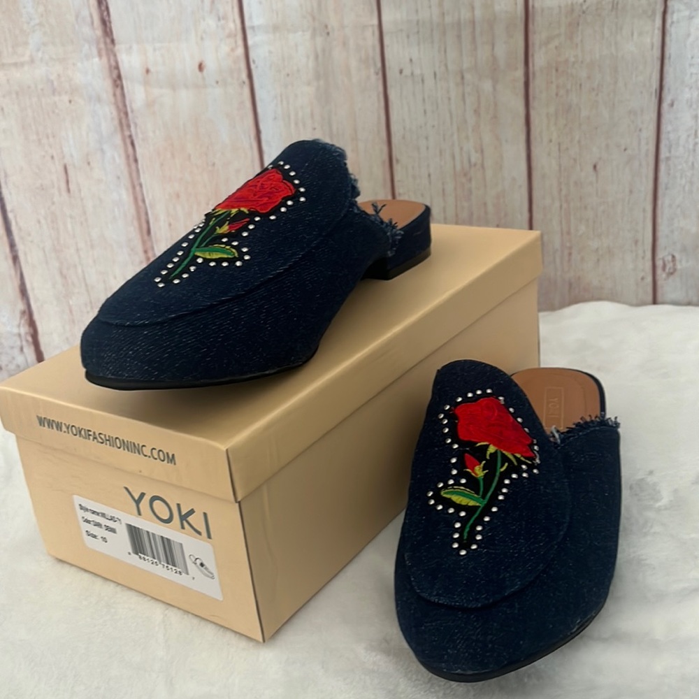 Yoki Dark Blue Denim Mules with Red Rose Embroidery